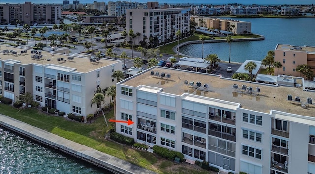 bird's eye view with a water view