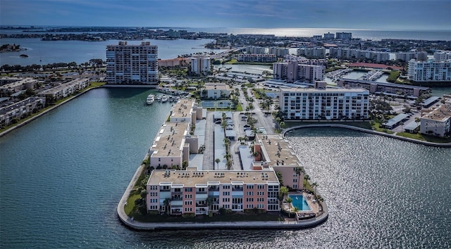 drone / aerial view with a water view and a city view