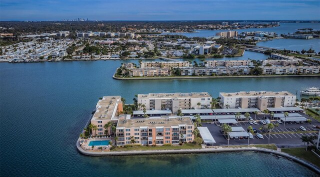 aerial view featuring a view of city and a water view