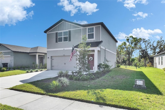 view of front of house featuring driveway, stucco siding, a front lawn, a garage, and board and batten siding