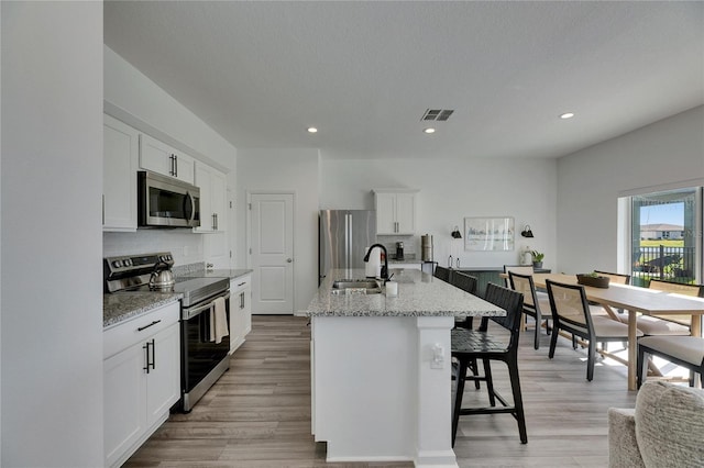 kitchen with visible vents, a kitchen bar, white cabinets, stainless steel appliances, and a sink