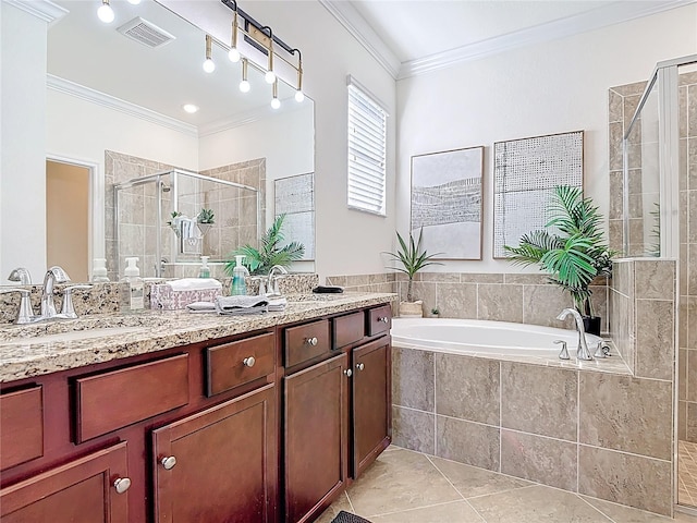 full bathroom featuring visible vents, a shower stall, a garden tub, ornamental molding, and a sink