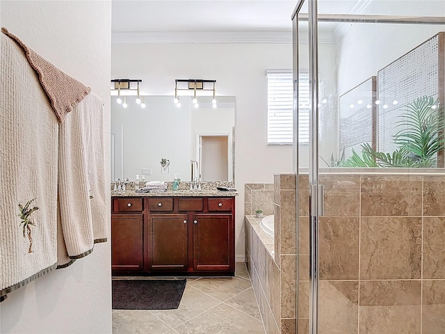 bathroom with double vanity, a stall shower, ornamental molding, tile patterned flooring, and a bath