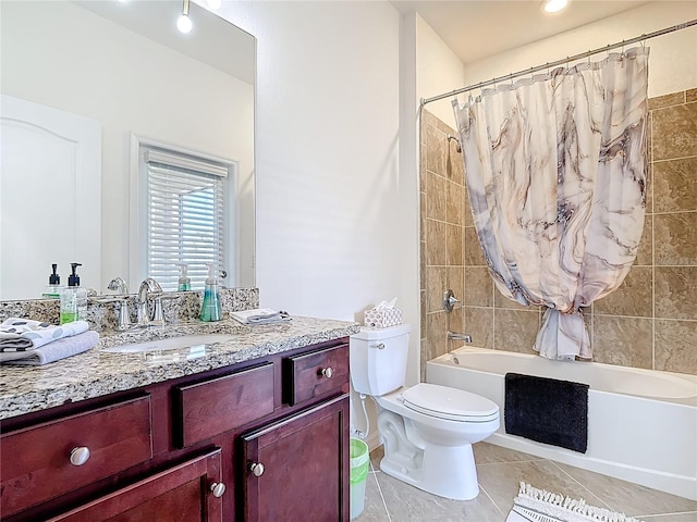 bathroom featuring vanity, shower / bath combination with curtain, toilet, and tile patterned floors