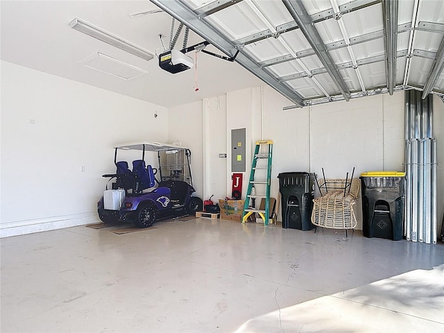 garage with electric panel and a garage door opener