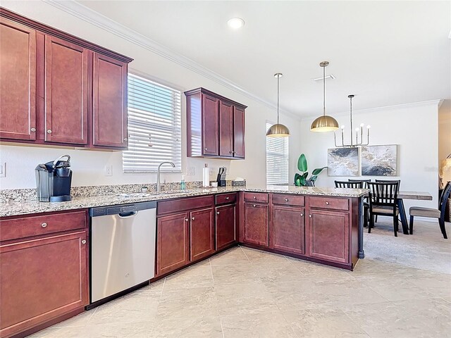 kitchen featuring crown molding, light stone counters, pendant lighting, dishwasher, and a peninsula