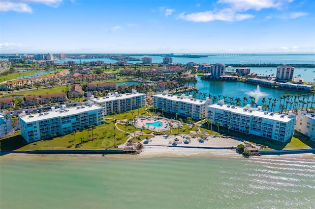 aerial view with a city view and a water view