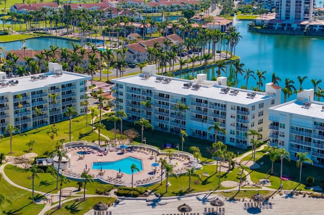 drone / aerial view with a water view