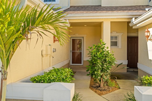 view of exterior entry featuring stucco siding and roof with shingles