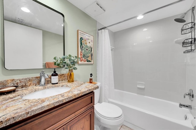 bathroom with recessed lighting, toilet, vanity, and shower / bath combination with curtain