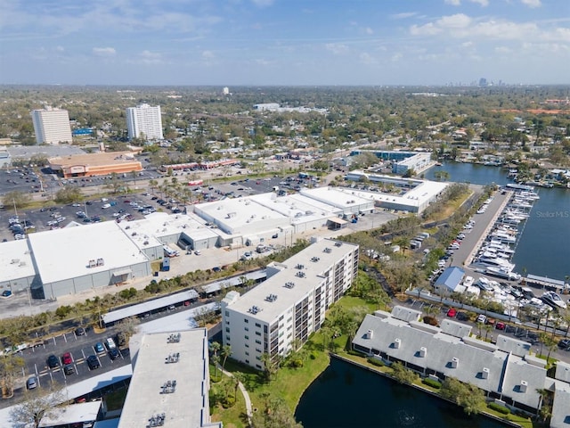 aerial view with a water view and a view of city