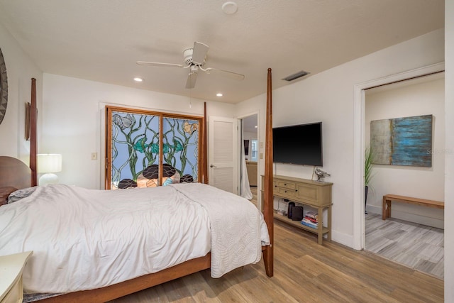 bedroom featuring visible vents, baseboards, light wood-style flooring, recessed lighting, and ceiling fan