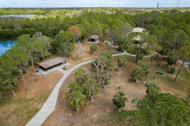 birds eye view of property featuring a view of trees and a water view