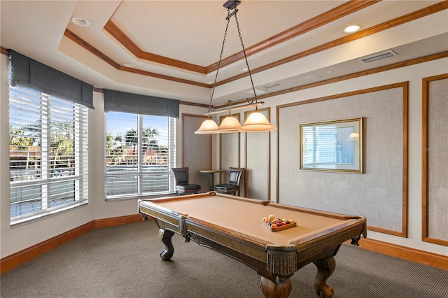 playroom featuring a tray ceiling, billiards, visible vents, and crown molding