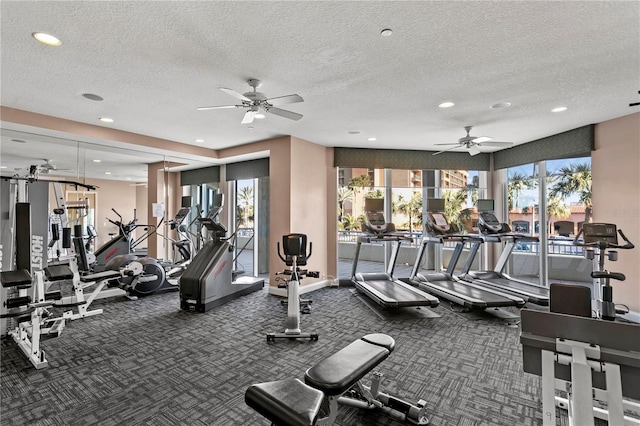 exercise room featuring a ceiling fan, baseboards, carpet floors, recessed lighting, and a textured ceiling