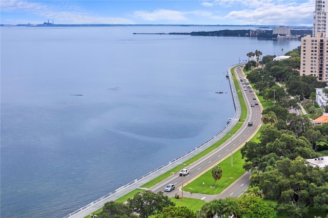 bird's eye view featuring a water view and a view of city