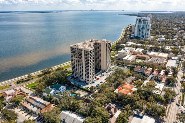 aerial view featuring a view of city and a water view