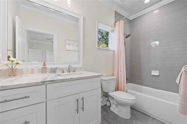 full bathroom with shower / tub combo with curtain, toilet, vanity, and ornamental molding