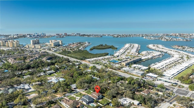 drone / aerial view with a water view and a view of city