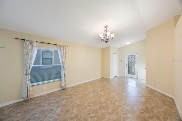 unfurnished room featuring light tile patterned floors, baseboards, lofted ceiling, and a notable chandelier