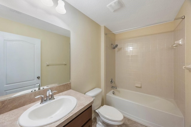 bathroom featuring visible vents, toilet, a textured ceiling, shower / bath combination, and vanity