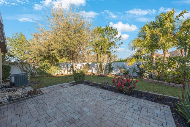 view of patio featuring central air condition unit and a fenced backyard