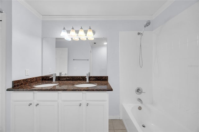 bathroom featuring tile patterned flooring, tub / shower combination, crown molding, and a sink