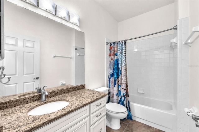 full bath featuring tile patterned floors, toilet, vanity, and shower / bathtub combination with curtain