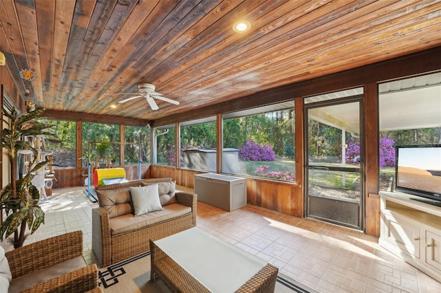 sunroom with wood ceiling and a ceiling fan