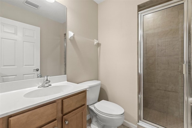 full bathroom with vanity, toilet, visible vents, and a stall shower