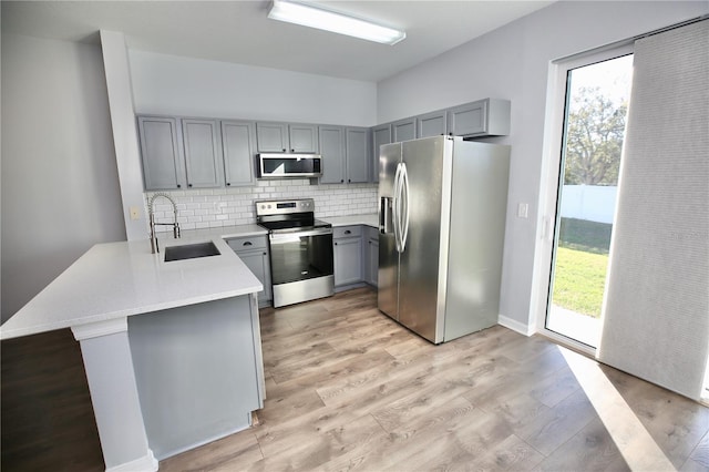 kitchen with backsplash, gray cabinets, a peninsula, stainless steel appliances, and a sink