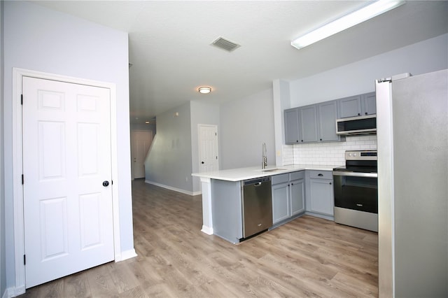 kitchen with visible vents, a peninsula, gray cabinets, appliances with stainless steel finishes, and tasteful backsplash