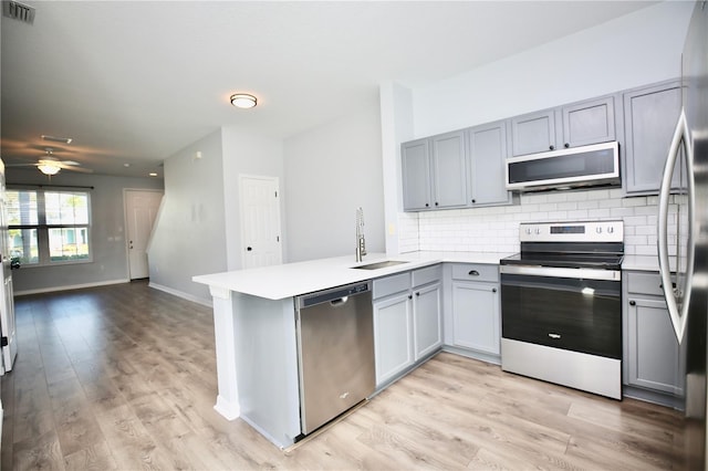 kitchen featuring visible vents, gray cabinetry, appliances with stainless steel finishes, a peninsula, and a sink