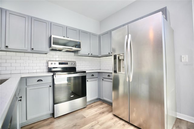 kitchen with backsplash, gray cabinetry, light wood-type flooring, light countertops, and stainless steel appliances