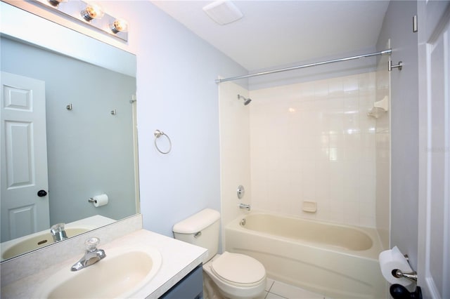 bathroom with vanity, shower / tub combination, and toilet