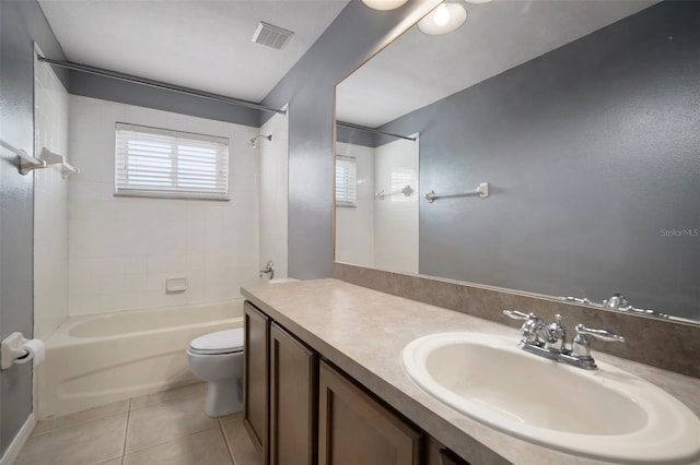 full bathroom featuring toilet, visible vents, tile patterned flooring, vanity, and bathtub / shower combination