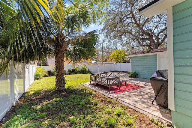 view of yard with a fenced backyard and a patio