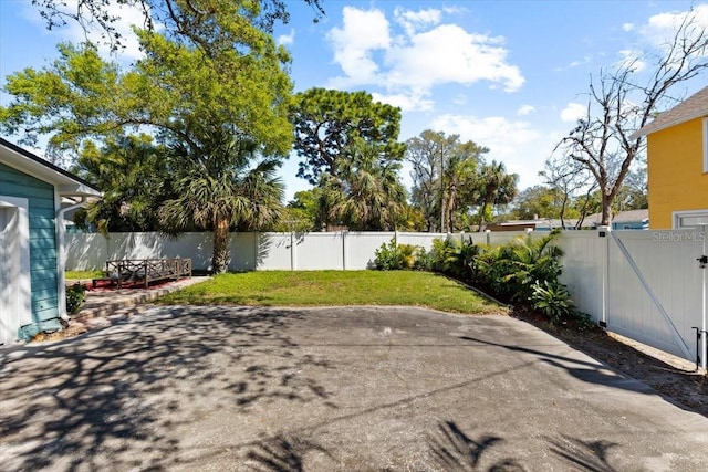 view of yard with a patio area, a gate, and a fenced backyard