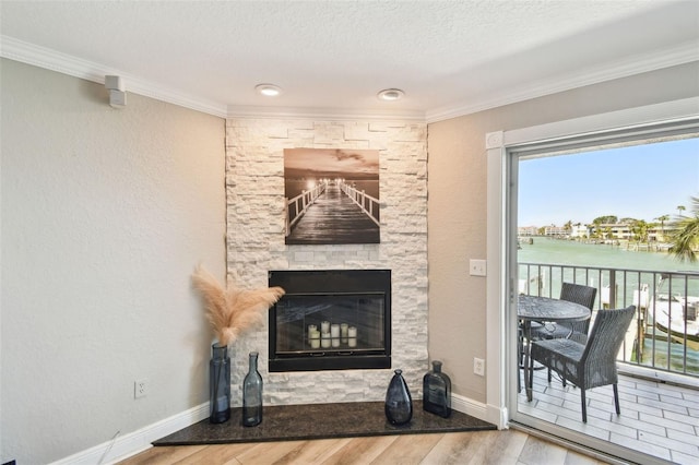 living room featuring baseboards, wood finished floors, a fireplace, and ornamental molding