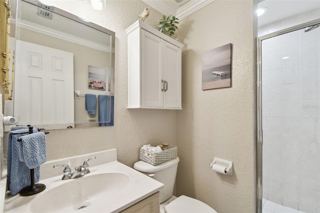 bathroom featuring toilet, ornamental molding, a shower stall, and a textured wall