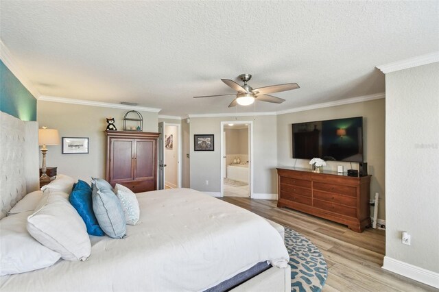 bedroom featuring light wood-style flooring, a textured ceiling, and crown molding