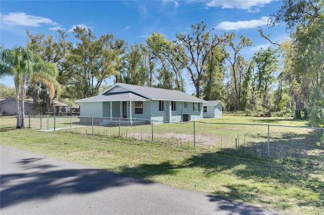 view of front of home featuring a front yard, a fenced front yard, and stucco siding