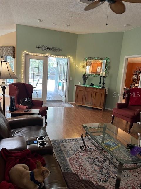 living room with baseboards, a textured ceiling, wood finished floors, and a ceiling fan