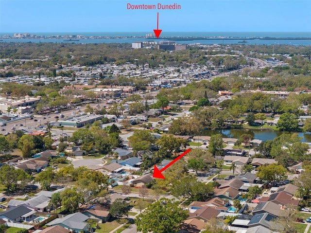 aerial view featuring a water view and a residential view