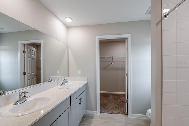 bathroom featuring a walk in closet, toilet, and a sink