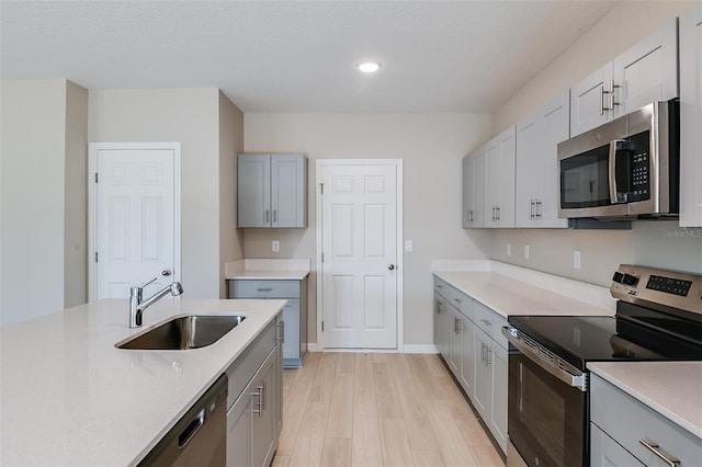 kitchen featuring a sink, gray cabinetry, light countertops, stainless steel appliances, and light wood-style floors