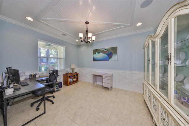 office area featuring a notable chandelier, crown molding, and a wainscoted wall