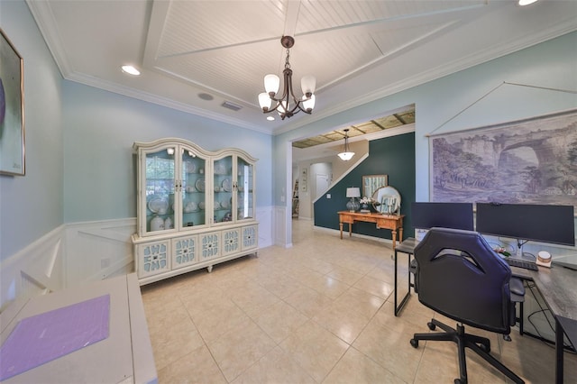 tiled office with visible vents, a wainscoted wall, an inviting chandelier, ornamental molding, and a decorative wall