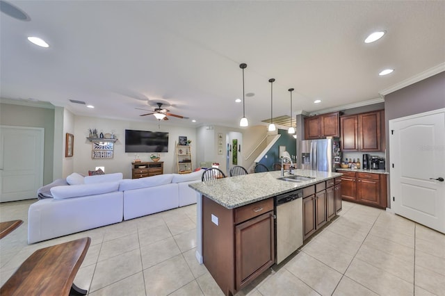 kitchen featuring ornamental molding, recessed lighting, appliances with stainless steel finishes, a ceiling fan, and a sink