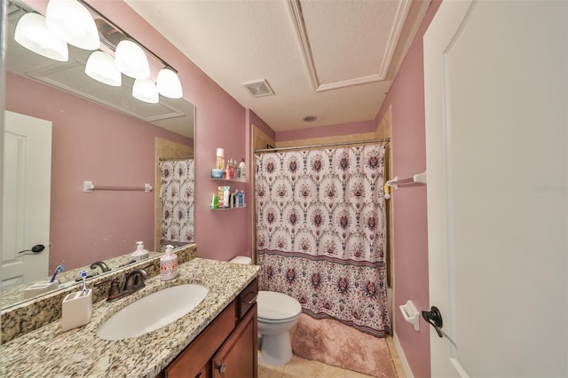 full bath with vanity, visible vents, a textured ceiling, tile patterned floors, and toilet